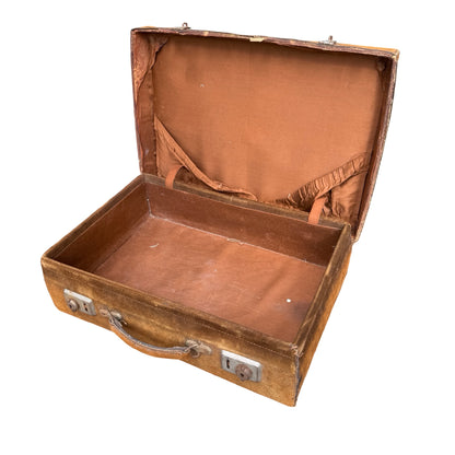 Vintage Tan Suede Suitcase - Retro Mid-Century Travel Case 42cm