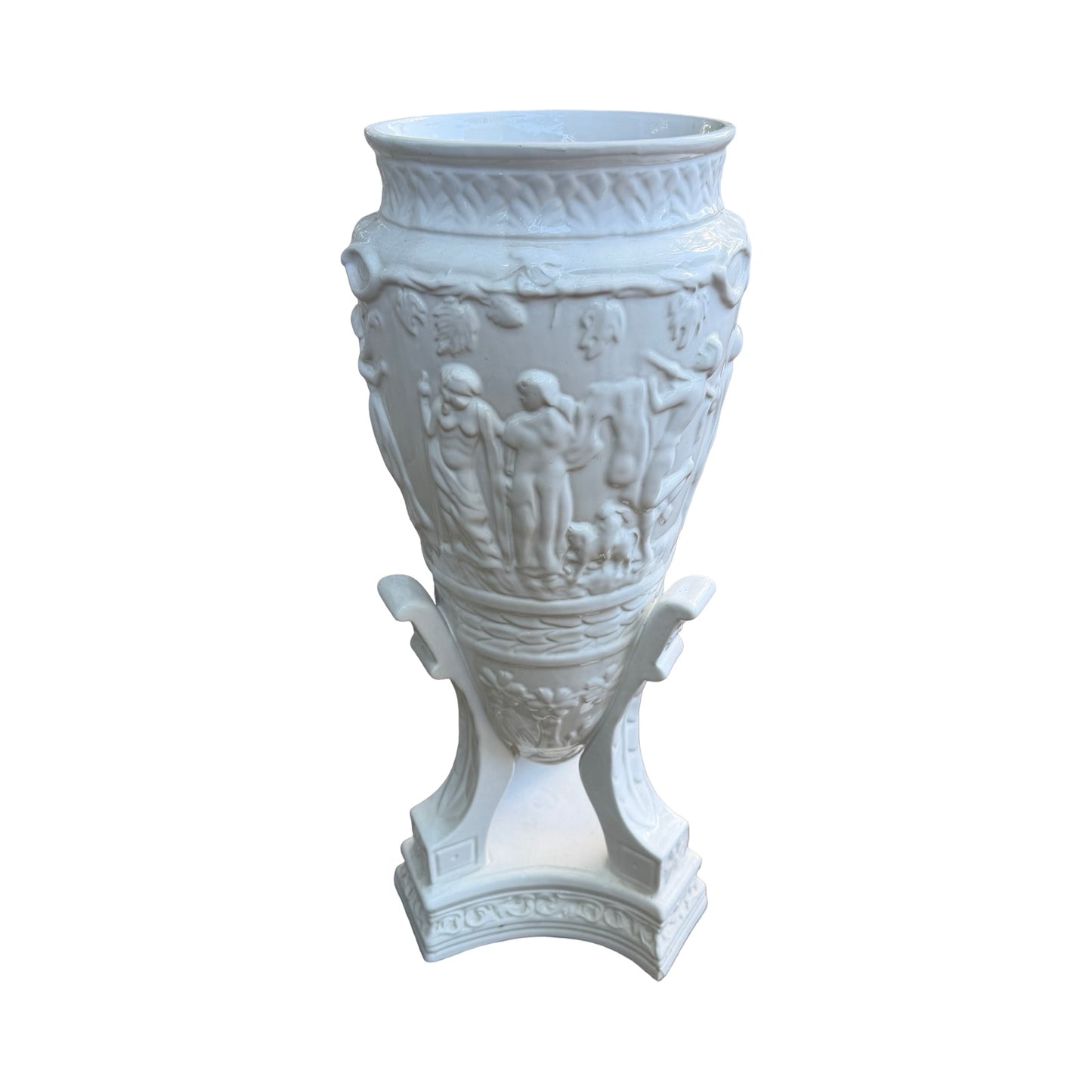 Vintage White Glazed Ceramic Urn / stick stand - Neoclassical Planter 66cm
