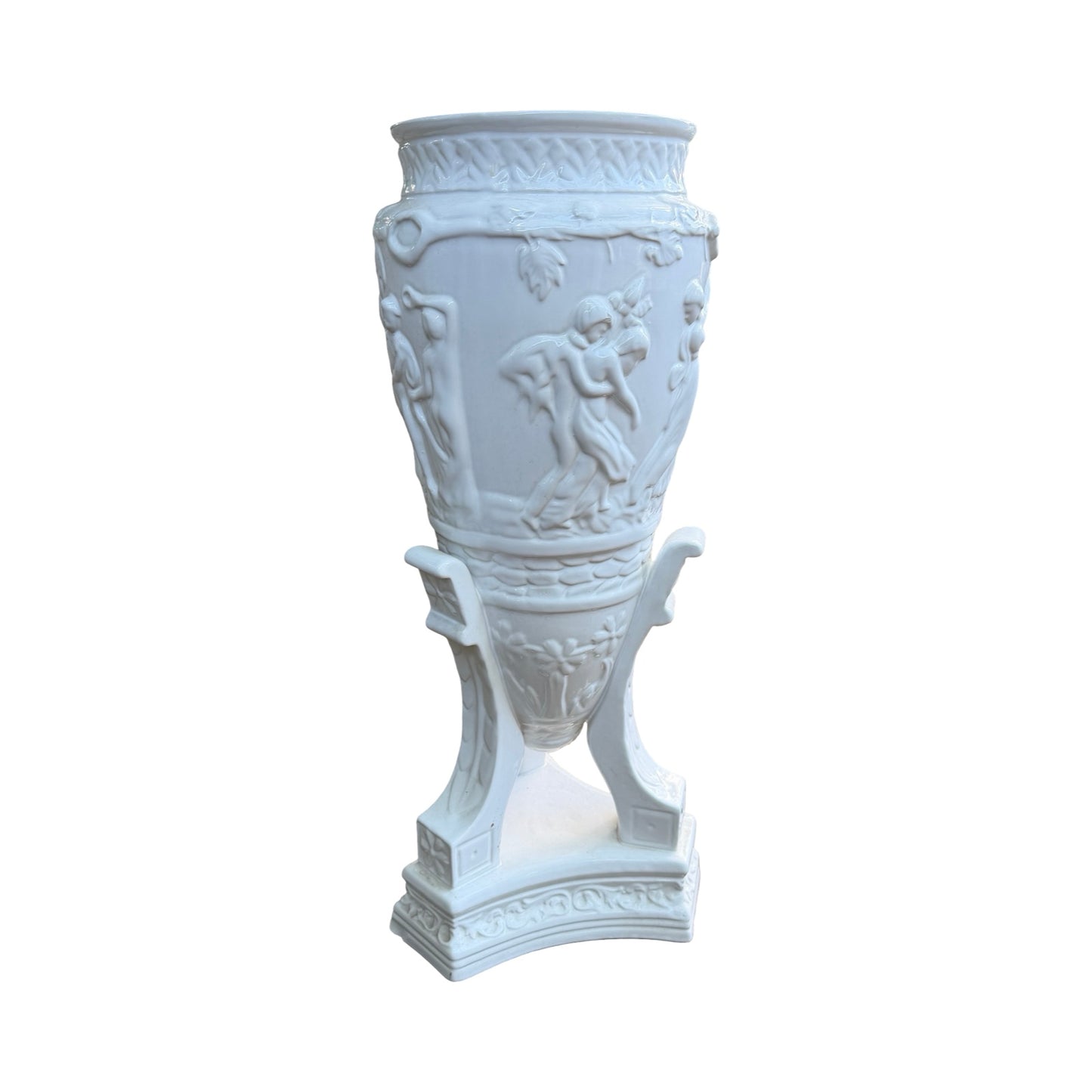 Vintage White Glazed Ceramic Urn / stick stand - Neoclassical Planter 66cm