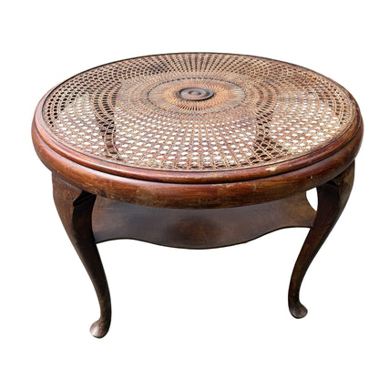 Vintage Queen Anne Rattan Coffee Table - Glass Top Tiered Table 86cm