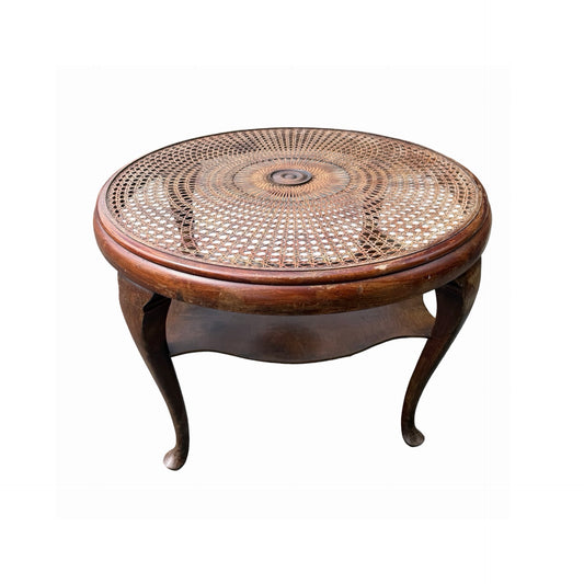 Vintage Queen Anne Rattan Coffee Table - Glass Top Tiered Table 86cm