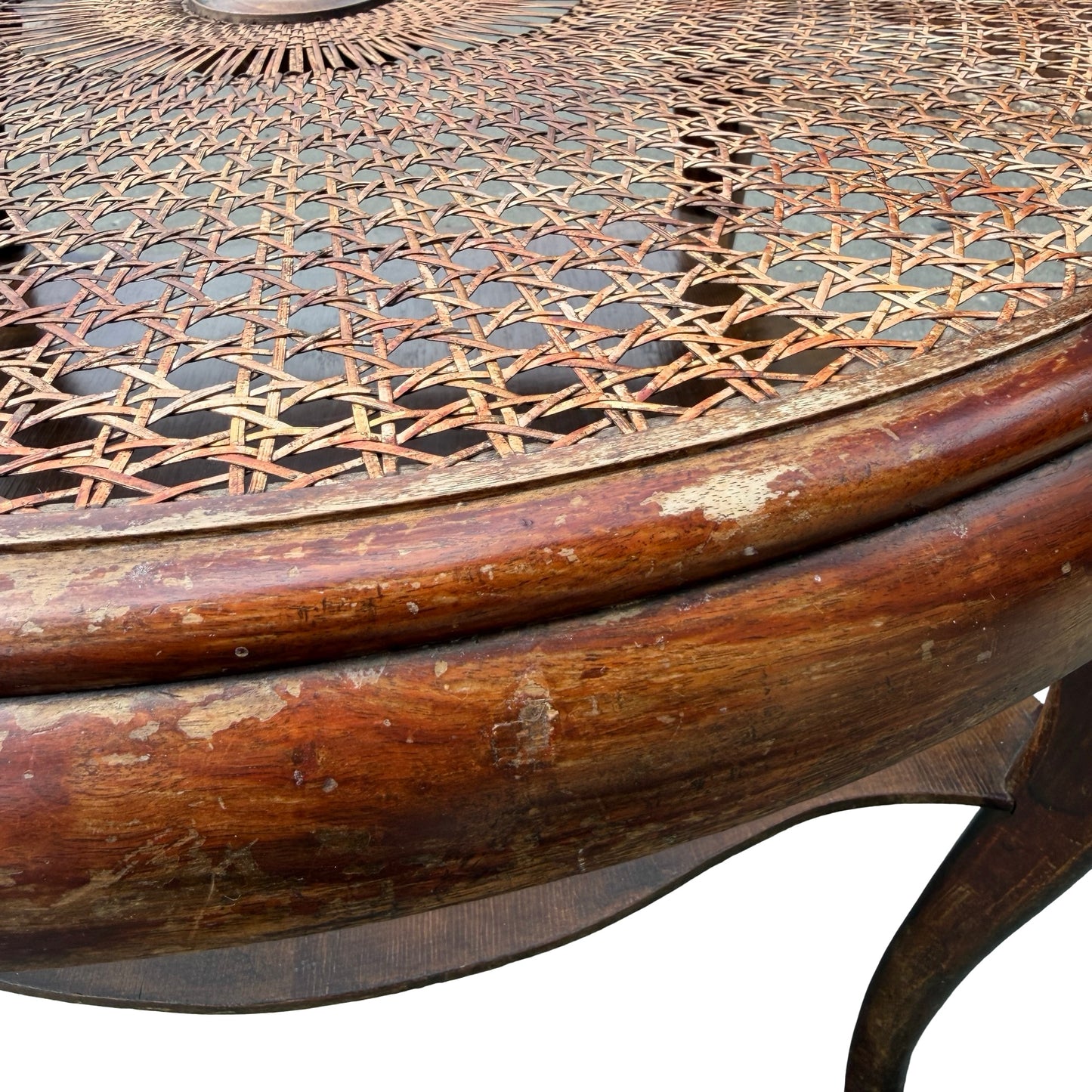 Vintage Queen Anne Rattan Coffee Table - Glass Top Tiered Table 86cm