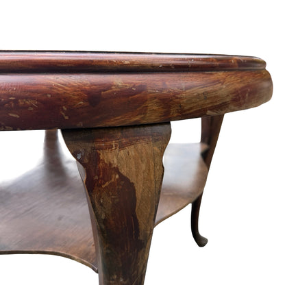 Vintage Queen Anne Rattan Coffee Table - Glass Top Tiered Table 86cm