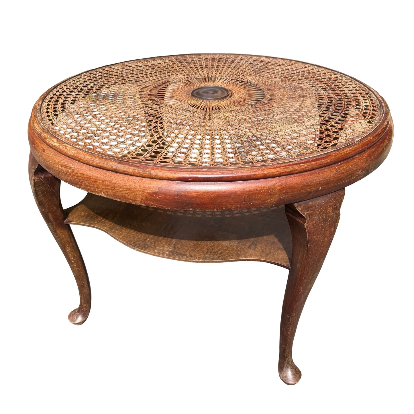 Vintage Queen Anne Rattan Coffee Table - Glass Top Tiered Table 86cm