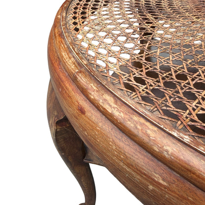 Vintage Queen Anne Rattan Coffee Table - Glass Top Tiered Table 86cm