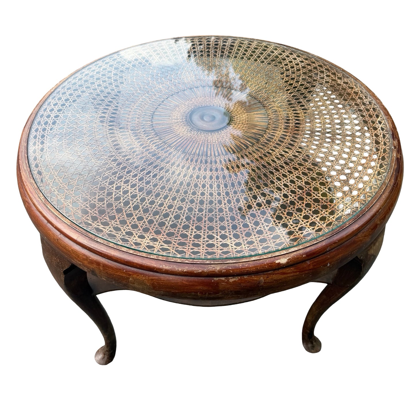 Vintage Queen Anne Rattan Coffee Table - Glass Top Tiered Table 86cm