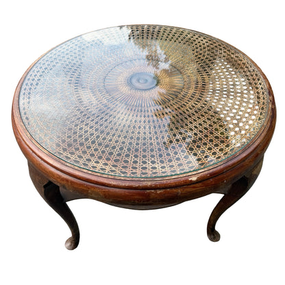 Vintage Queen Anne Rattan Coffee Table - Glass Top Tiered Table 86cm