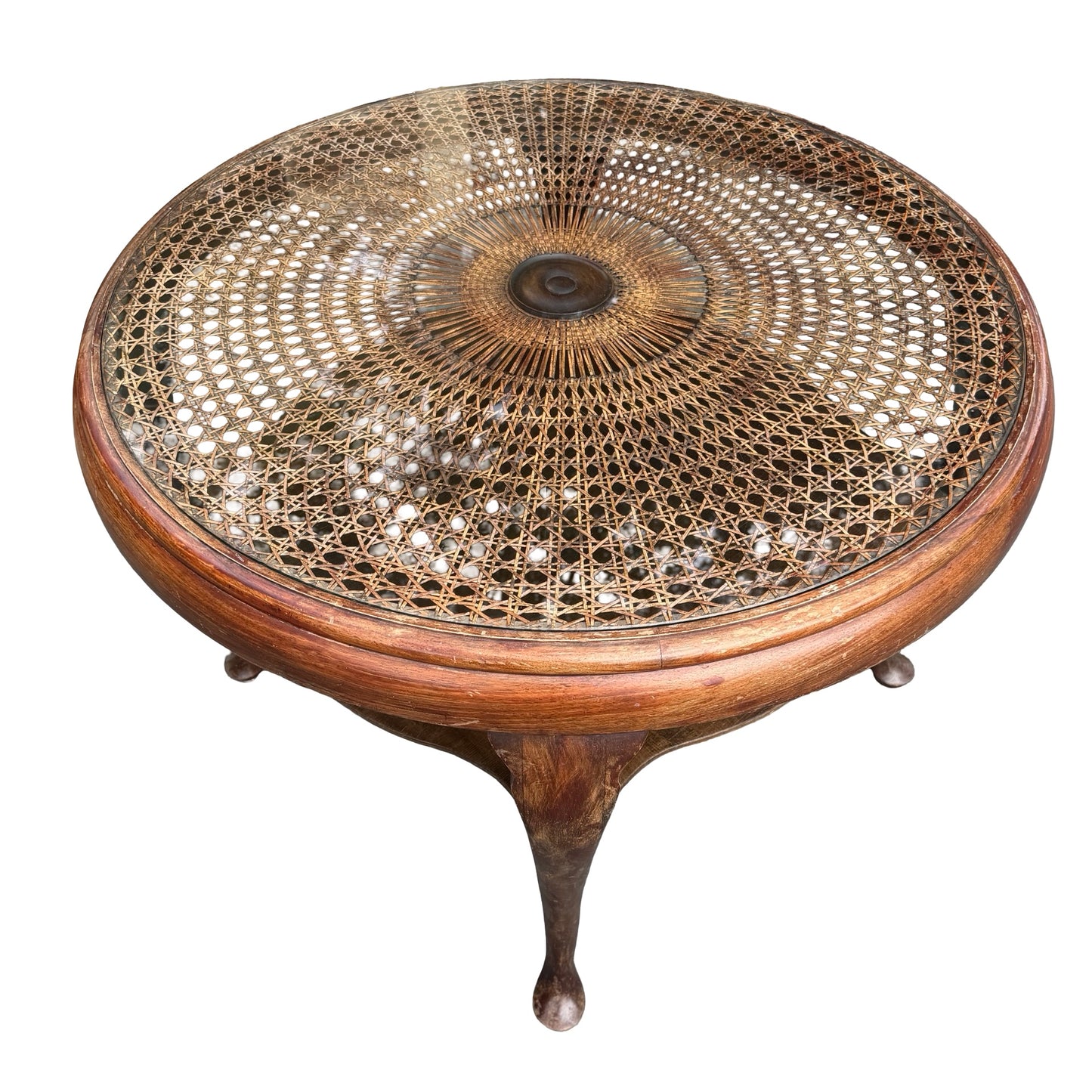 Vintage Queen Anne Rattan Coffee Table - Glass Top Tiered Table 86cm