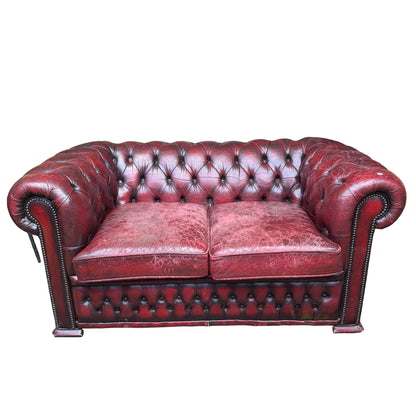 Vintage Oxblood Leather 2 Seater Chesterfield Style Button Backed Sofa
