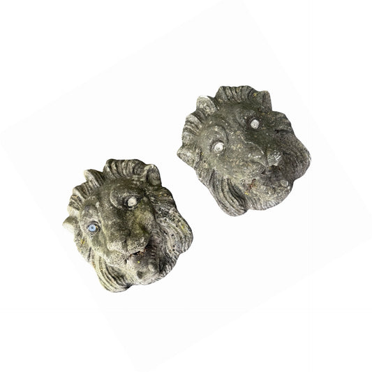Pair of Vintage Weathered Stone Lion Head Wall Plaques - 33cm