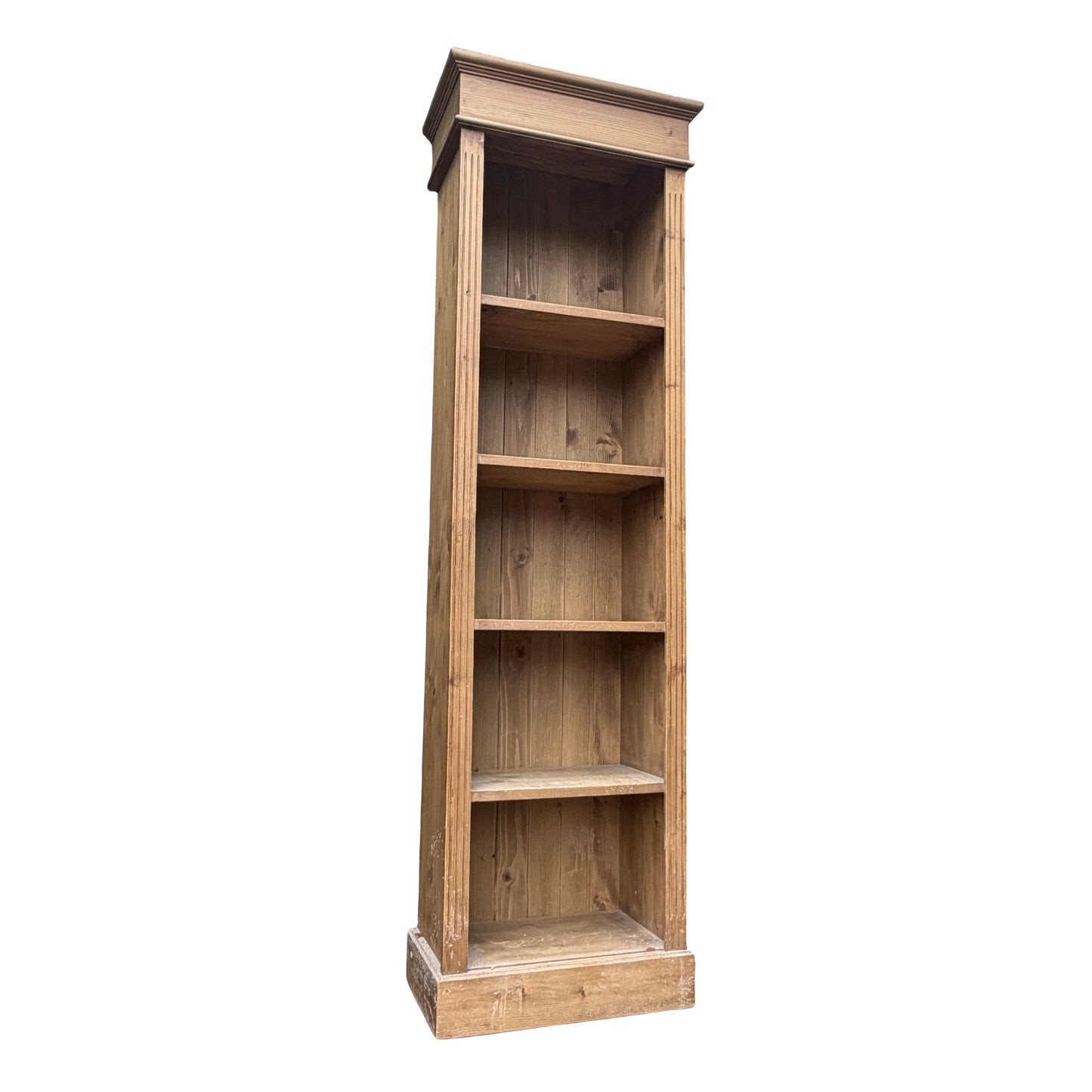 Slim Vintage Solid Pine Open Bookcase - Narrow Alcove Shelving