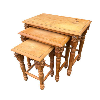 Vintage Solid Wood Nest of 3 Tables - Rustic Side Tables