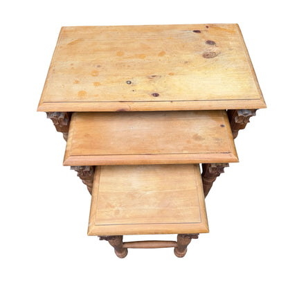 Vintage Solid Wood Nest of 3 Tables - Rustic Side Tables