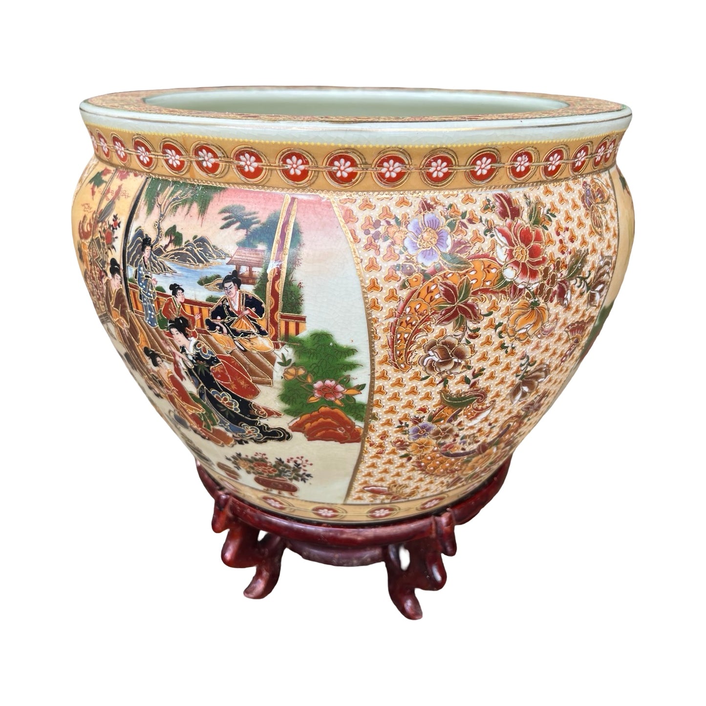 Vintage Oriental Fish Bowl Planter - Satsuma Style Vase & Stand 34cm