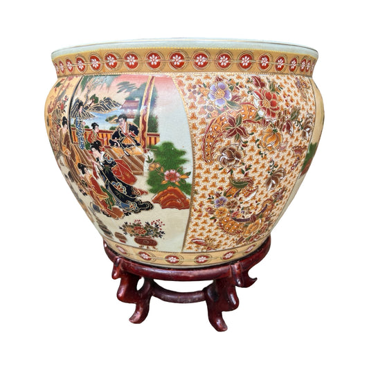 Vintage Oriental Fish Bowl Planter - Satsuma Style Vase & Stand 34cm