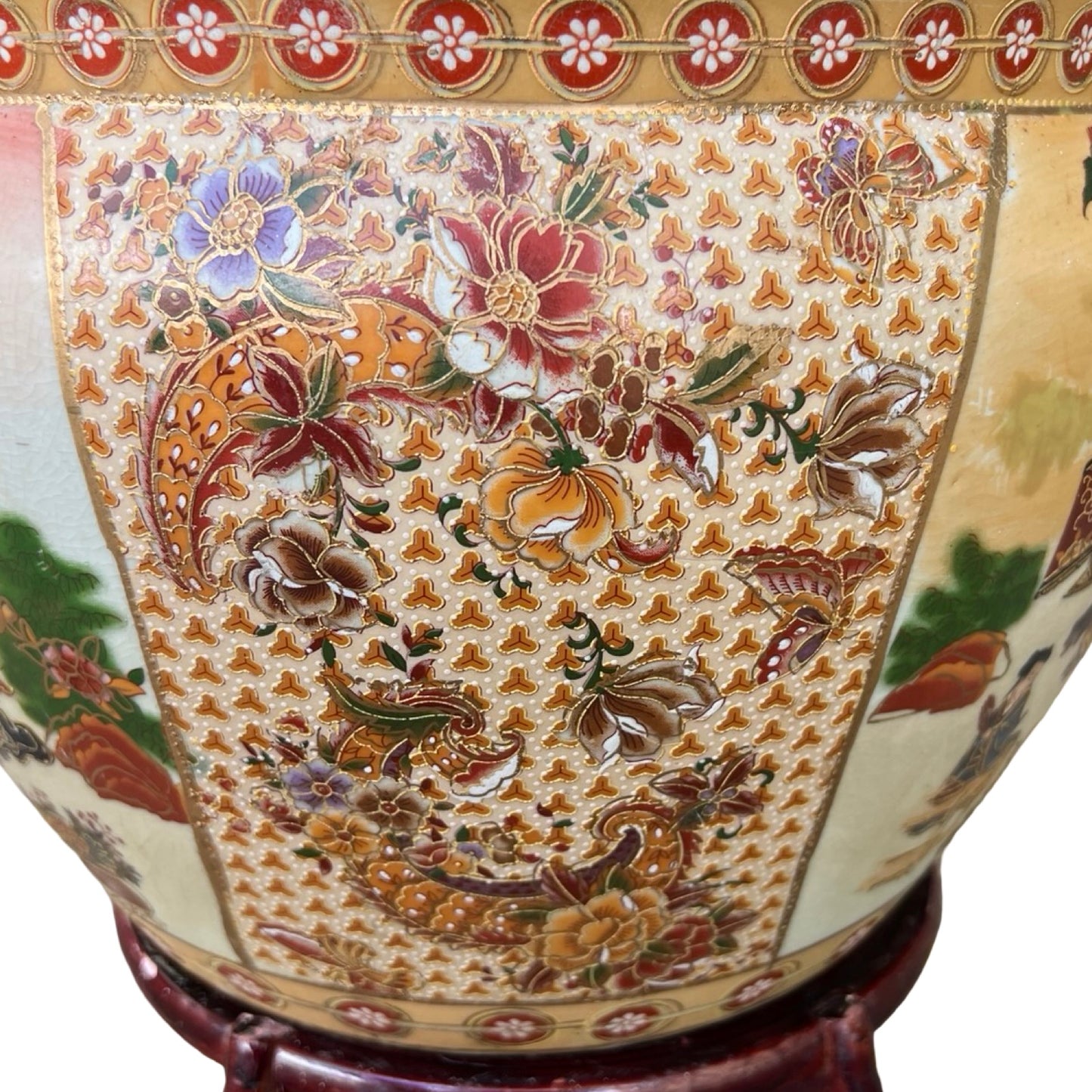 Vintage Oriental Fish Bowl Planter - Satsuma Style Vase & Stand 34cm