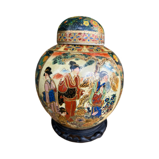 Vintage Oriental Ginger Jar & Stand - Satsuma Style Lidded Urn 24cm