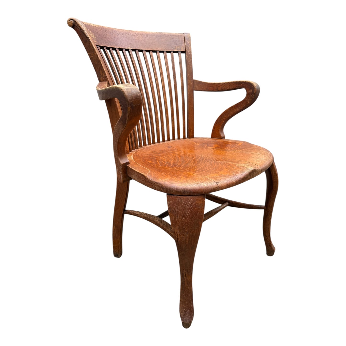 Edwardian Arts & Crafts Solid Oak Armchair – Antique Slat Back Desk / Occasional Chair