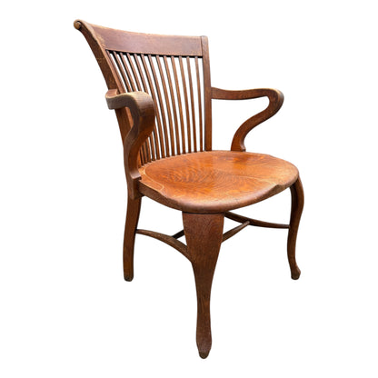 Edwardian Arts & Crafts Solid Oak Armchair – Antique Slat Back Desk / Occasional Chair