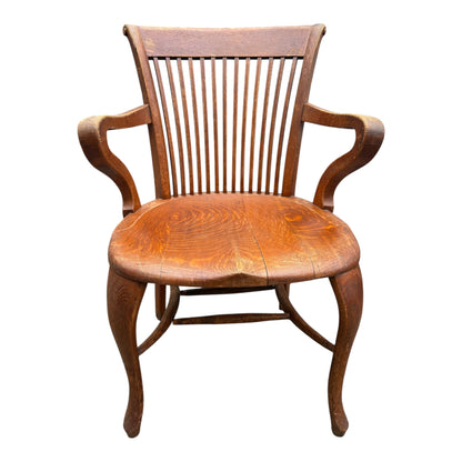 Edwardian Arts & Crafts Solid Oak Armchair – Antique Slat Back Desk / Occasional Chair