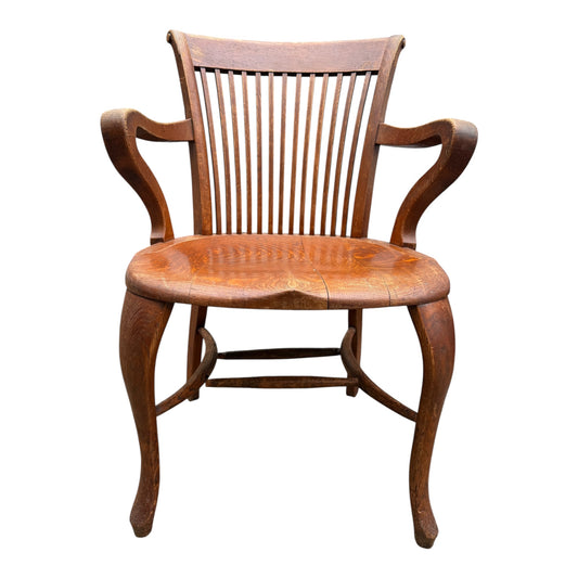 Edwardian Arts & Crafts Solid Oak Armchair – Antique Slat Back Desk / Occasional Chair