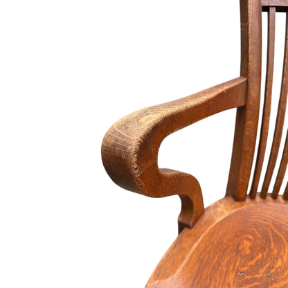 Edwardian Arts & Crafts Solid Oak Armchair – Antique Slat Back Desk / Occasional Chair