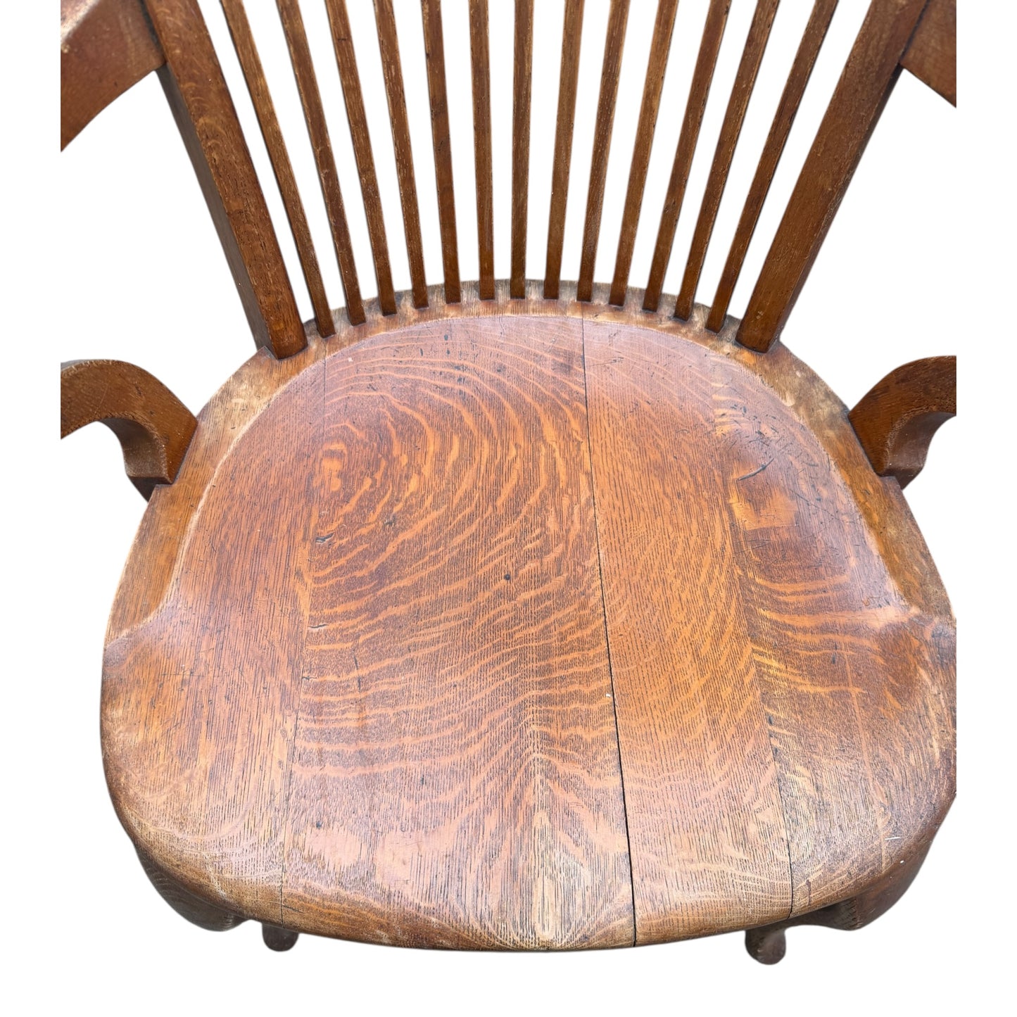 Edwardian Arts & Crafts Solid Oak Armchair – Antique Slat Back Desk / Occasional Chair