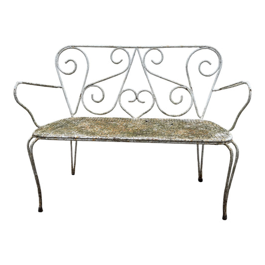 Antique French Wrought Iron Garden Bench – Victorian Style Scrollwork Metal Patio Seat