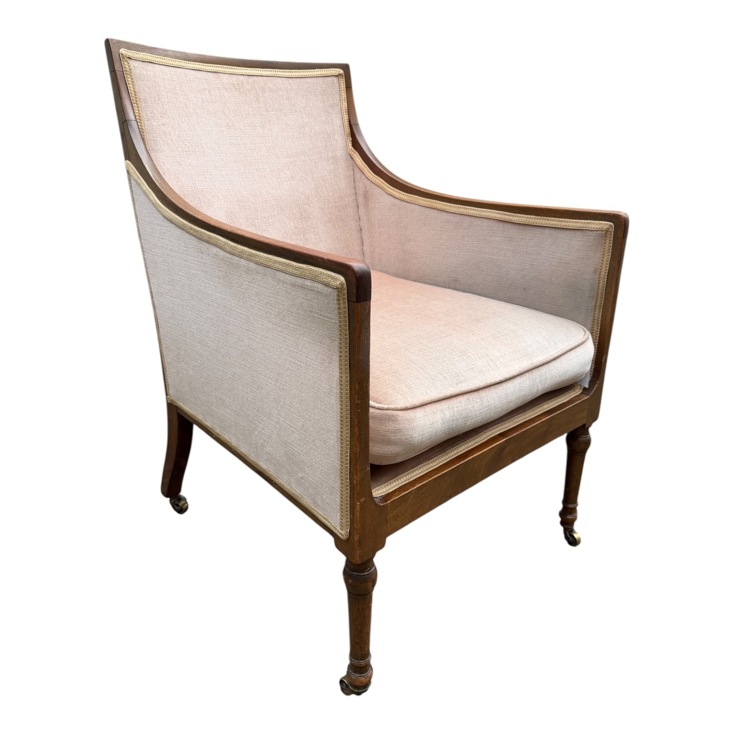 Vintage Walnut Framed Armchair – Upholstered Tub / Library Chair on Castors