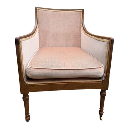 Vintage Walnut Framed Armchair – Upholstered Tub / Library Chair on Castors