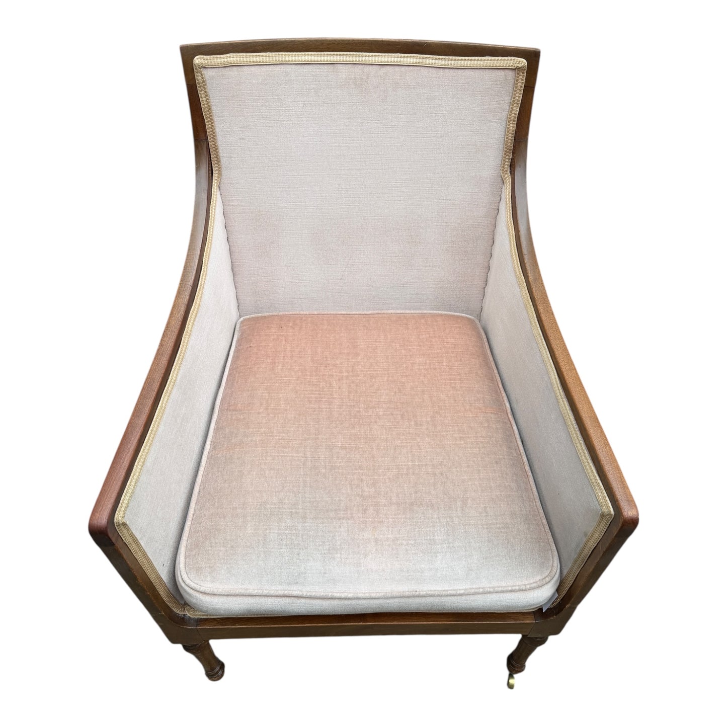 Vintage Walnut Framed Armchair – Upholstered Tub / Library Chair on Castors