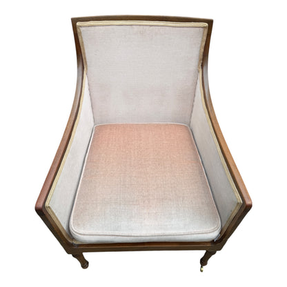 Vintage Walnut Framed Armchair – Upholstered Tub / Library Chair on Castors