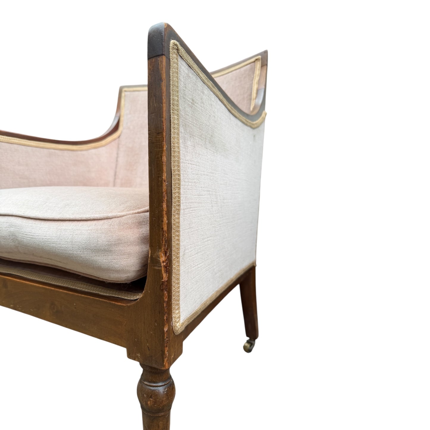 Vintage Walnut Framed Armchair – Upholstered Tub / Library Chair on Castors