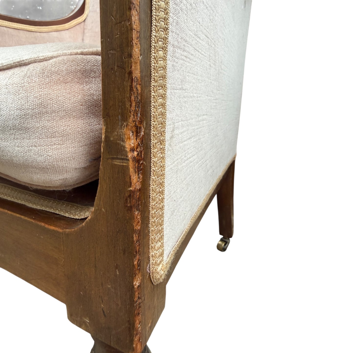 Vintage Walnut Framed Armchair – Upholstered Tub / Library Chair on Castors