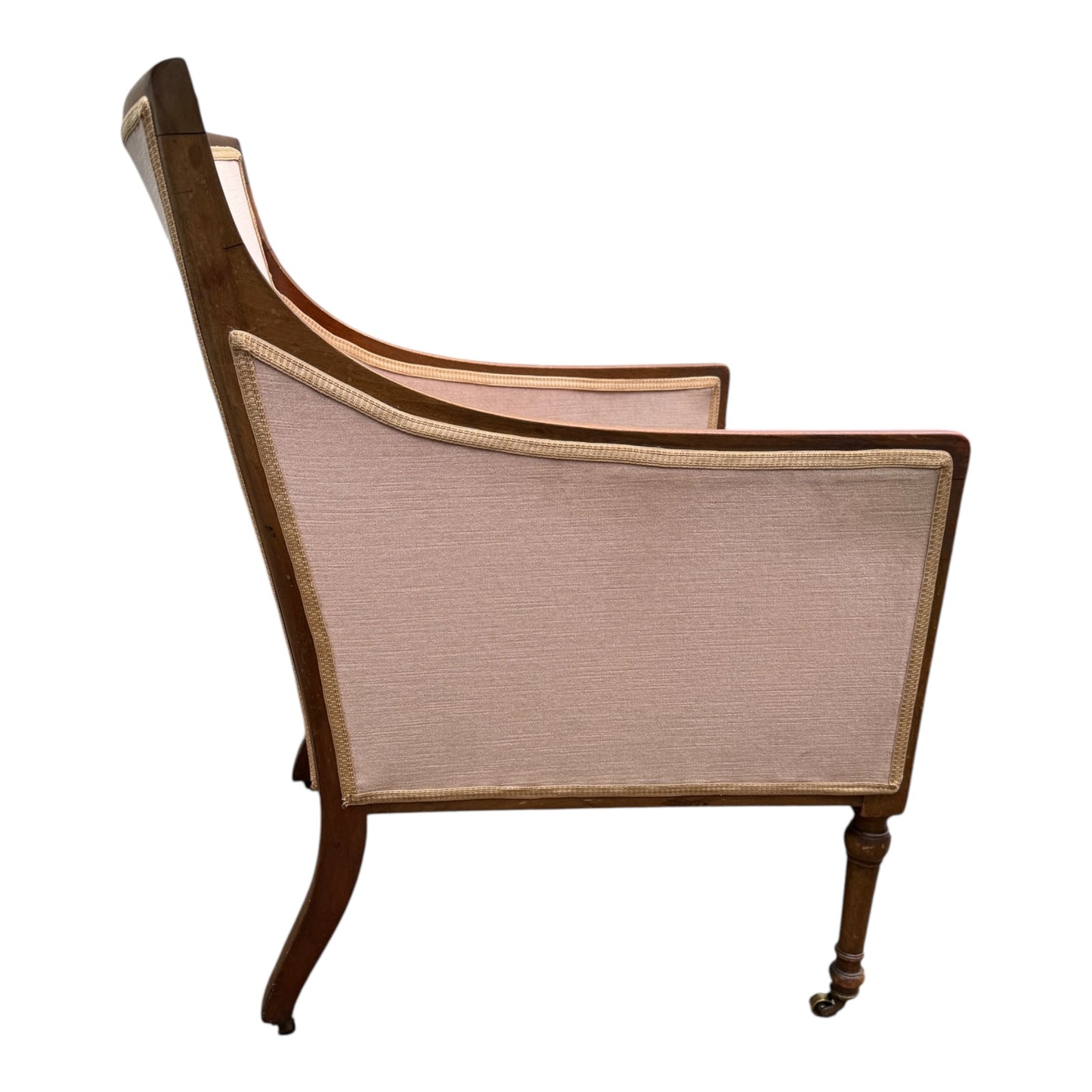 Vintage Walnut Framed Armchair – Upholstered Tub / Library Chair on Castors