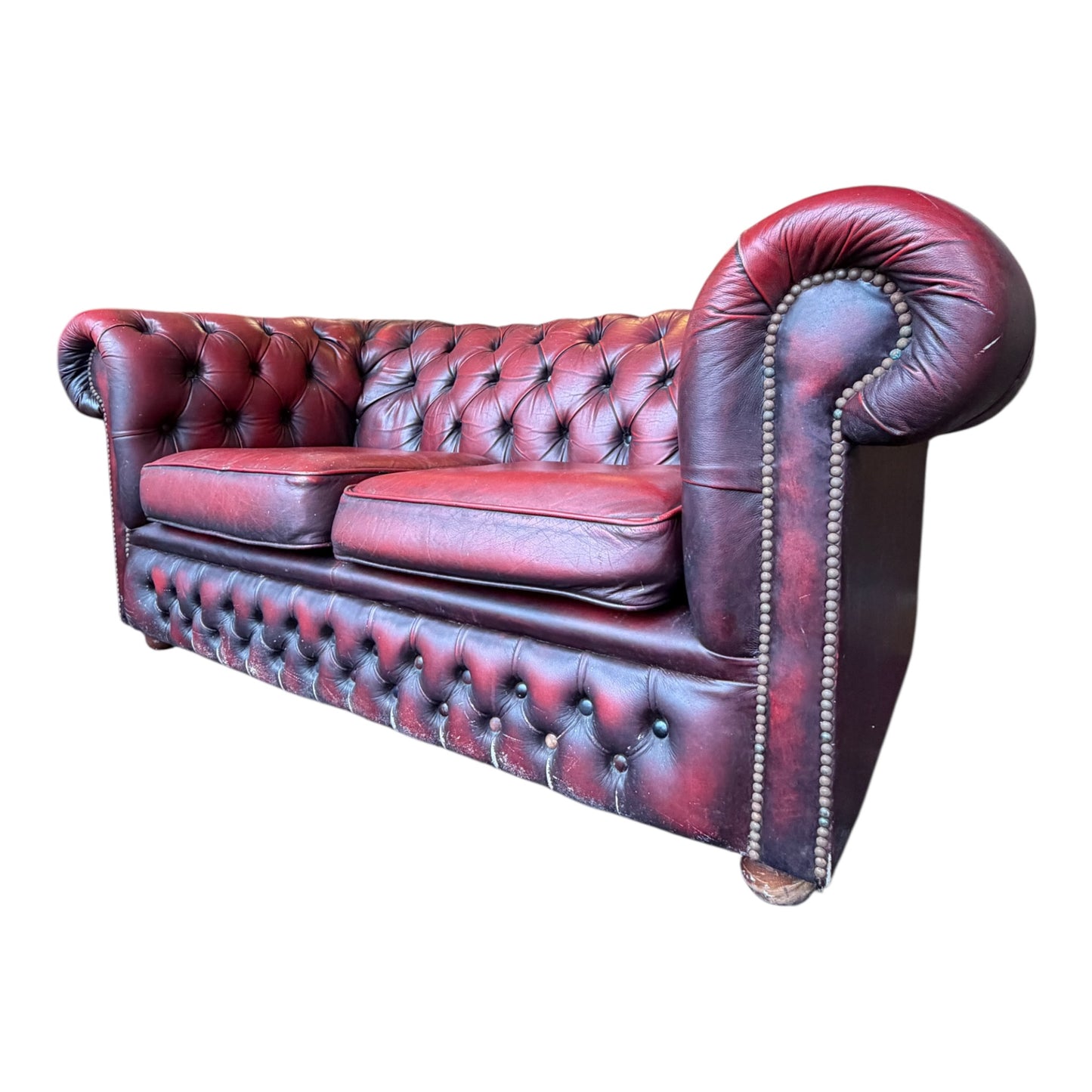 Modern Chesterfield Style Oxblood Leather 2 Seater Sofa