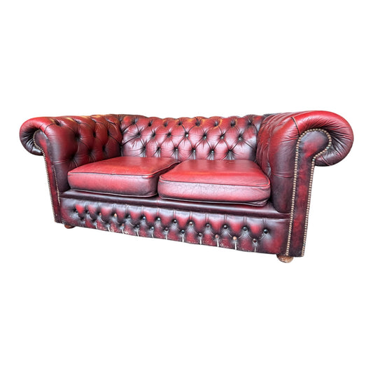 Modern Chesterfield Style Oxblood Leather 2 Seater Sofa