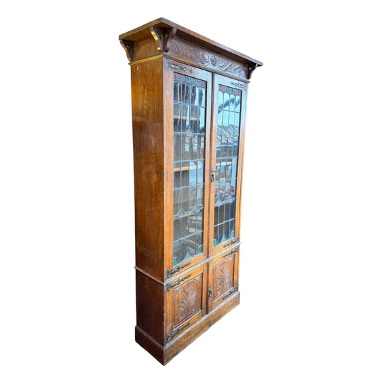 Antique Arts & Crafts Oak Glazed Bookcase with Leaded Stained Glass Doors – Early 20th Century