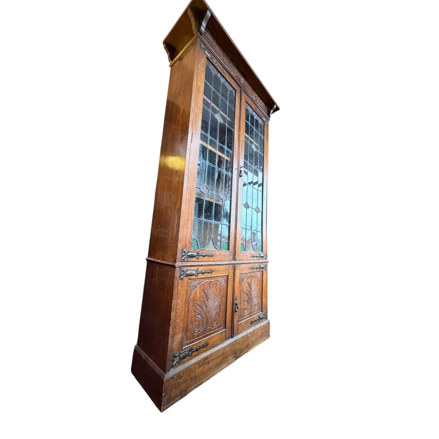 Antique Arts & Crafts Oak Glazed Bookcase with Leaded Stained Glass Doors – Early 20th Century