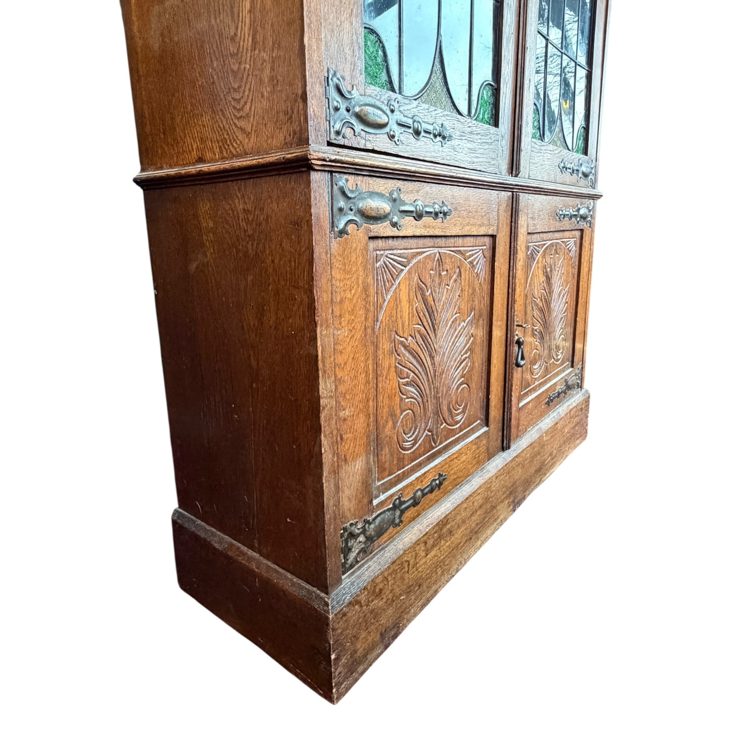Antique Arts & Crafts Oak Glazed Bookcase with Leaded Stained Glass Doors – Early 20th Century