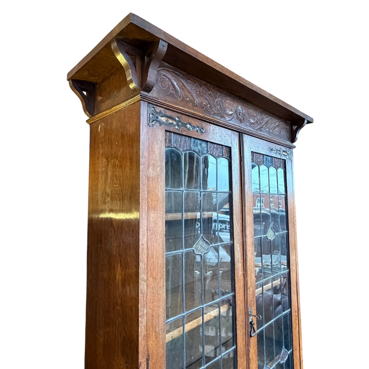 Antique Arts & Crafts Oak Glazed Bookcase with Leaded Stained Glass Doors – Early 20th Century