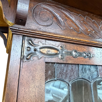 Antique Arts & Crafts Oak Glazed Bookcase with Leaded Stained Glass Doors – Early 20th Century