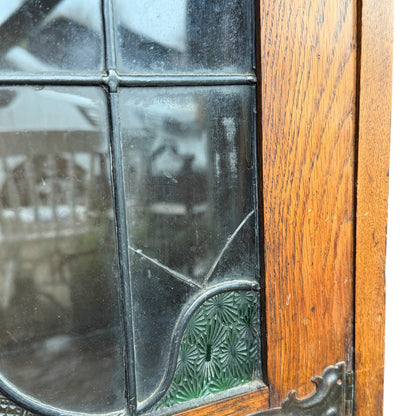 Antique Arts & Crafts Oak Glazed Bookcase with Leaded Stained Glass Doors – Early 20th Century