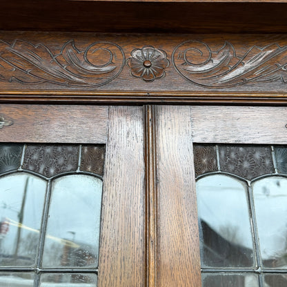 Antique Arts & Crafts Oak Glazed Bookcase with Leaded Stained Glass Doors – Early 20th Century