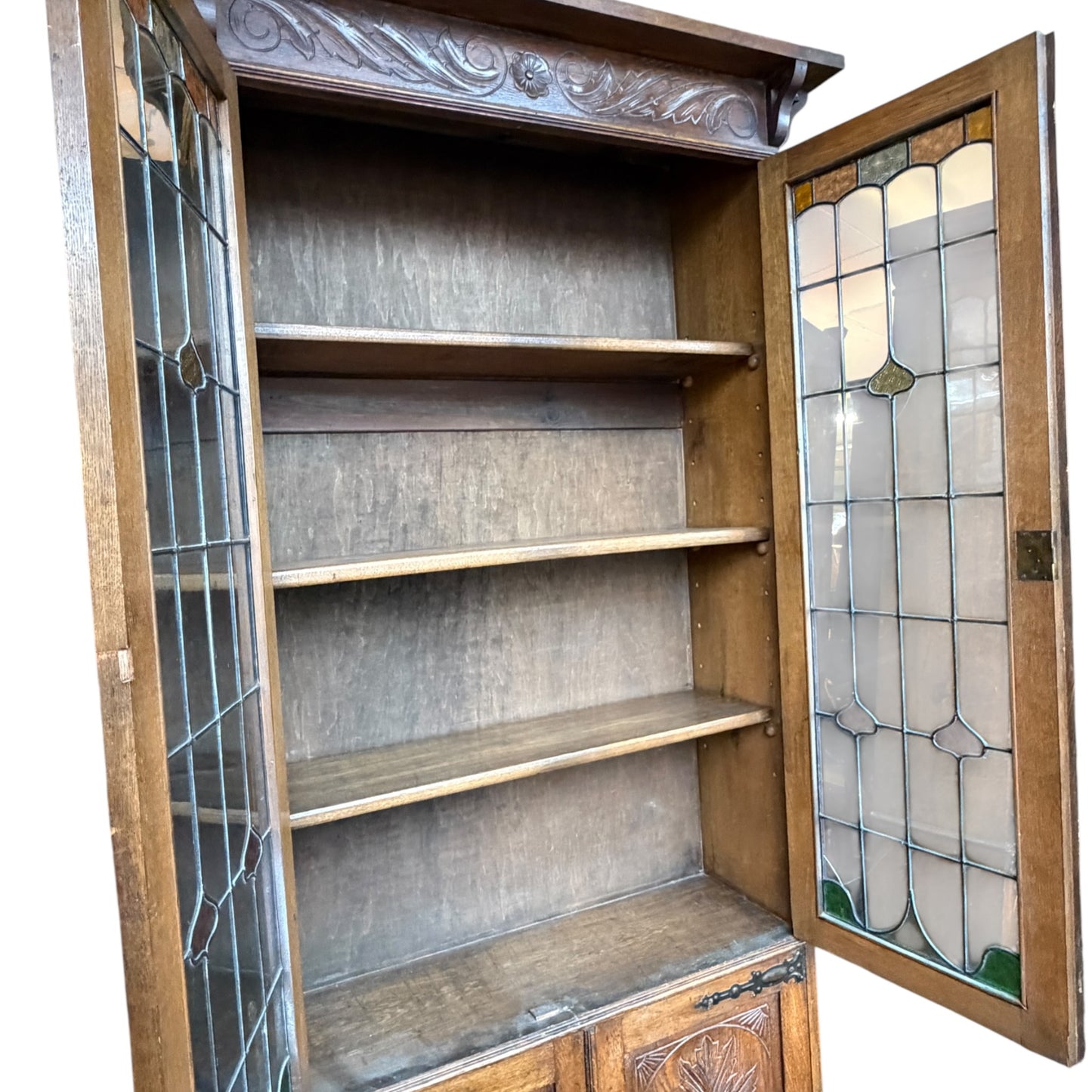 Antique Arts & Crafts Oak Glazed Bookcase with Leaded Stained Glass Doors – Early 20th Century