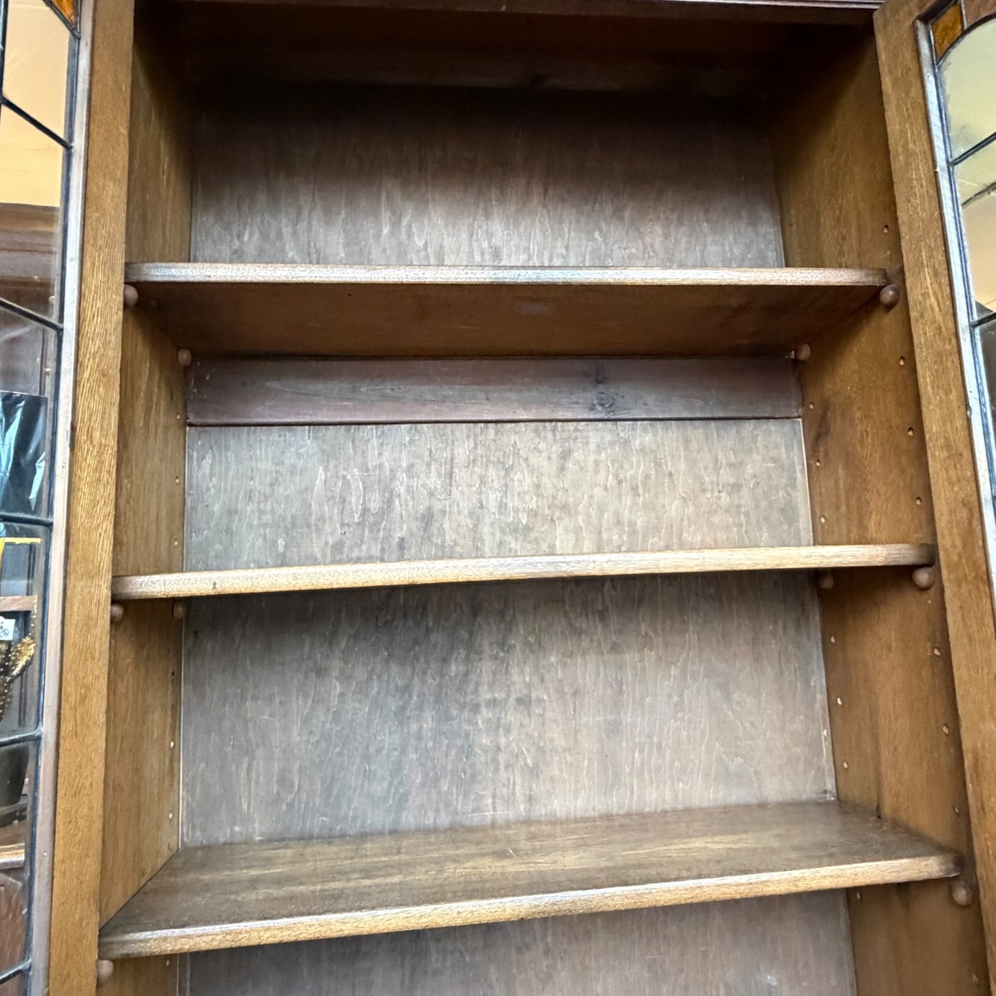 Antique Arts & Crafts Oak Glazed Bookcase with Leaded Stained Glass Doors – Early 20th Century