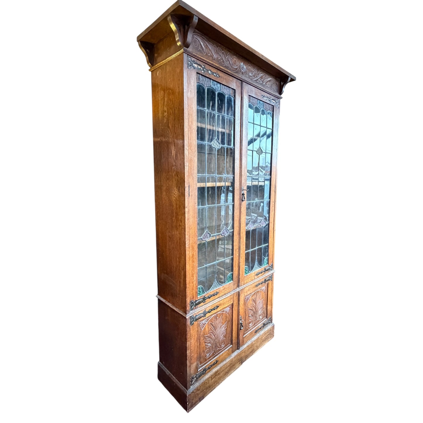 Antique Arts & Crafts Oak Glazed Bookcase with Leaded Stained Glass Doors – Early 20th Century