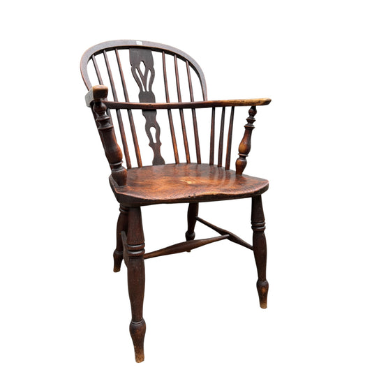 Antique 19th Century English Windsor Armchair – Yew Wood Hoop Back, Elm Seat, Crinoline Stretcher