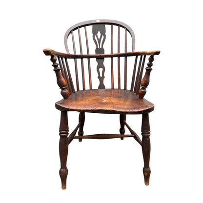 Antique 19th Century English Windsor Armchair – Yew Wood Hoop Back, Elm Seat, Crinoline Stretcher