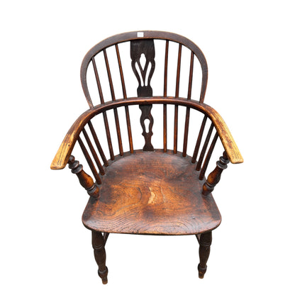 Antique 19th Century English Windsor Armchair – Yew Wood Hoop Back, Elm Seat, Crinoline Stretcher